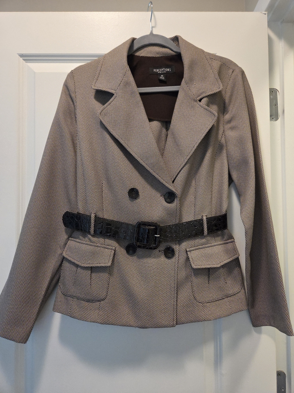 Perceptions Brown Houndstooth Double-Breasted Blazer with Black Belt